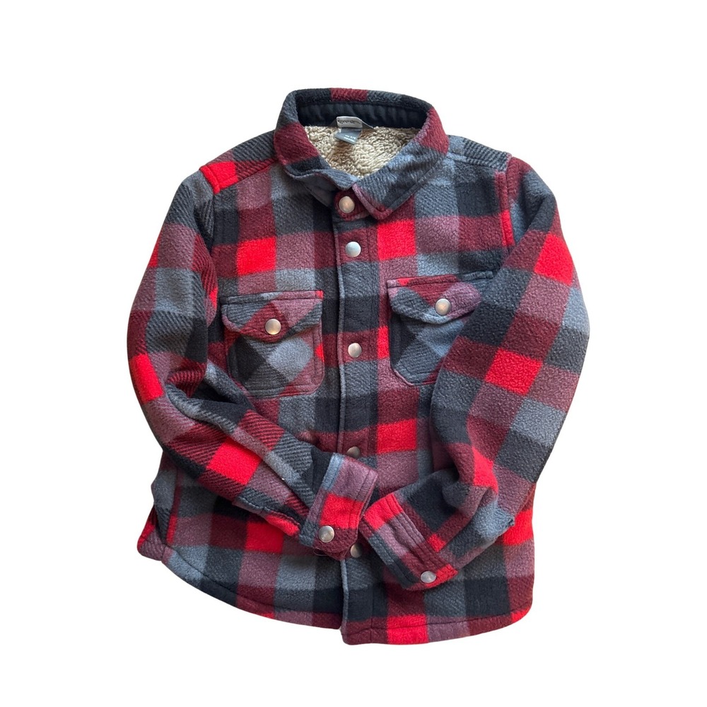 Eddie Bauer Plaid Sherpa Lined Flannel Shirt Jacket Kids 4/5 Red  Snap